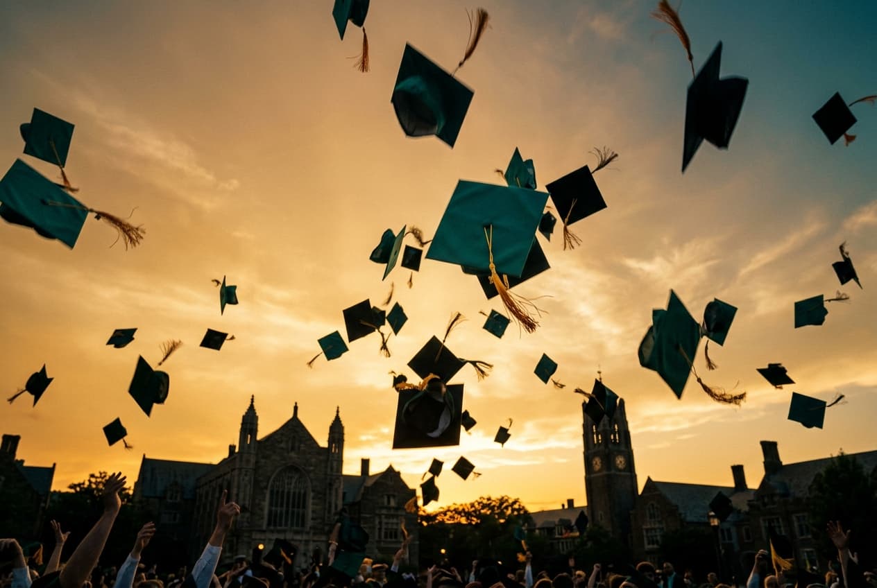 Graduation caps thrown into a golden sunset sky